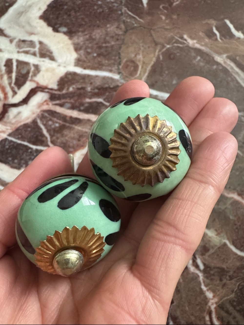 Vintage Mint Green Floral Ceramic Drawer Knobs with Brass Accents (Set of 2)